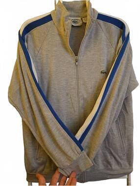 Vintage Lacoste Izod Mens Medium Gray Full Zip Striped Logo sweat jacket stains